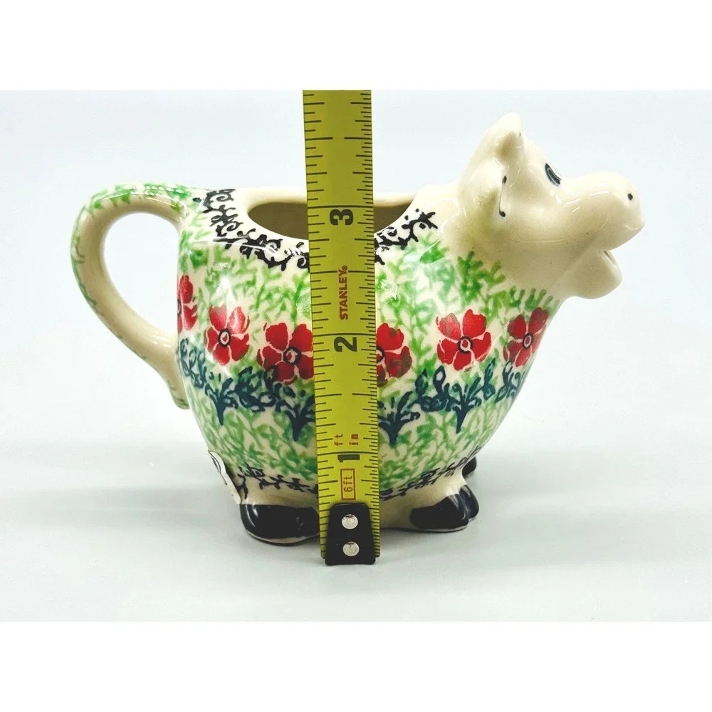 Ceramika Artystyczna Cow Creamer Red Flower Floral Polish Pottery